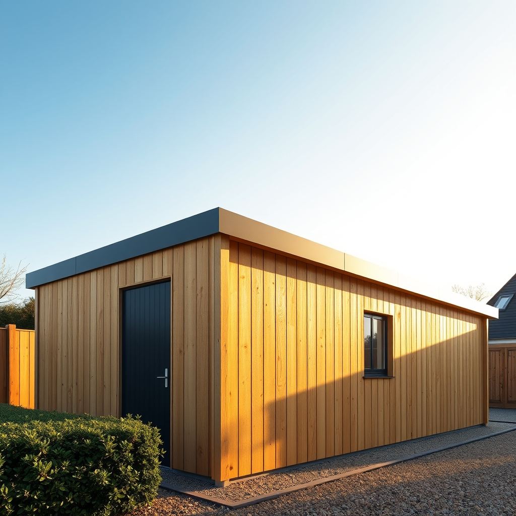 Side wall of the timber garage with a PVC side door and window